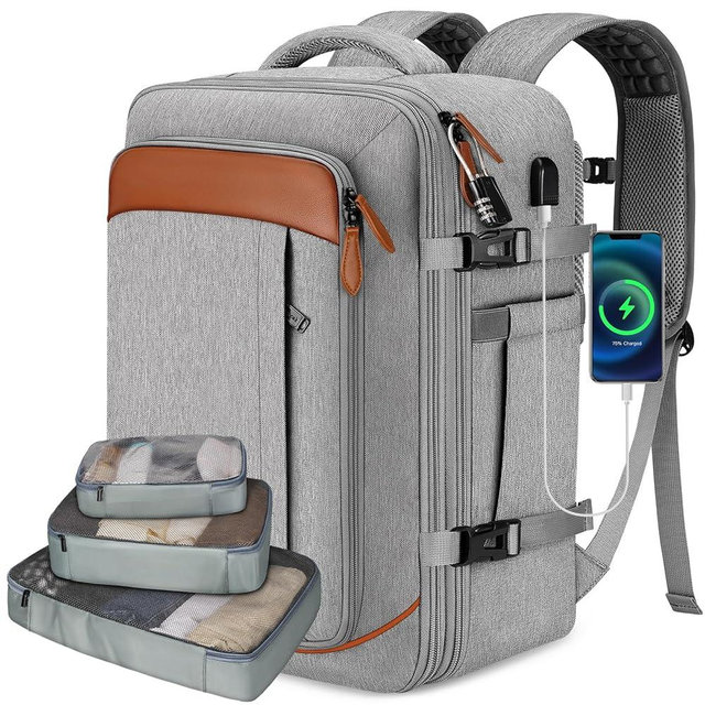 Vancropak Carry on Backpack, Flight Approved Travel Backpack with 3 Packing Cubes, Expandable Large 40L Travel Bag fits 17.3" Laptop, Anti Theft Luggage Suitcase Weekend Daypack for Women Men, Grey