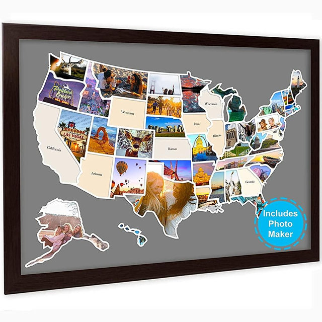 USA Photo Map, Travel Map - 24 x 36" Photo Map of The United States Includes Photo Maker, 50 States Photo Map - Gift for Travelers Couples Visited States Map - Visited All 50 States (FRAME NOT INCLUDED)