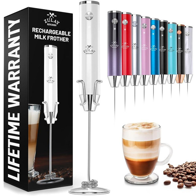 Zulay Kitchen Lux Rechargeable Milk Frother Handheld - Powerful 2-Speed Motor, Fully Waterproof, 2000mAh Battery (Rechargeable Lux, White)