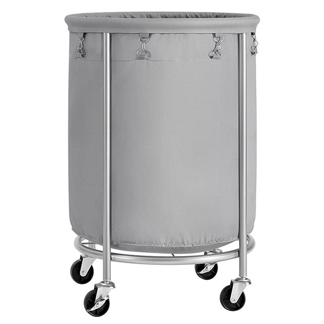 SONGMICS Laundry Basket with Wheels, Rolling Laundry Hamper, Round Laundry Cart with Steel Frame and Removable Bag, 4 Casters and 2 Brakes, Gray and Silver URLS001G01