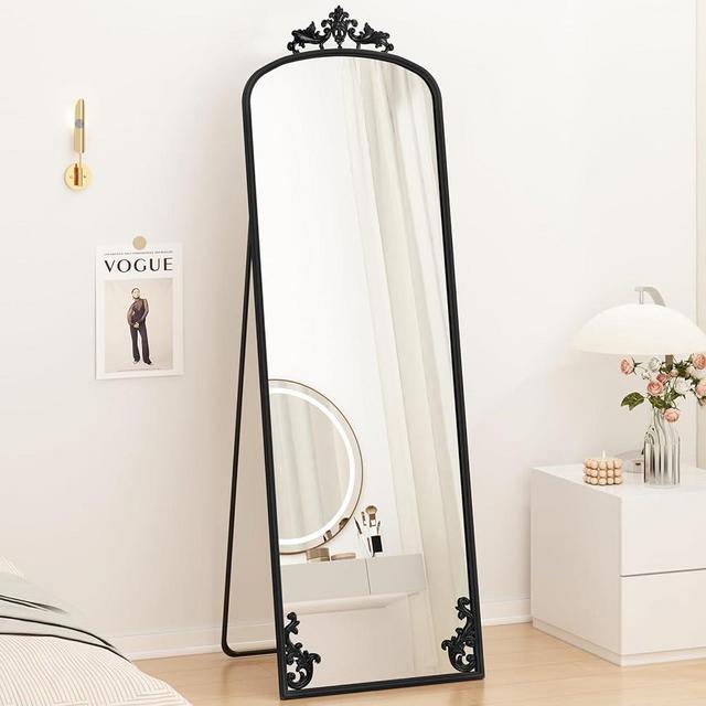 AZODY Arched Mirror Full Length with Stand, 65" x 21" Black Floor Length Mirror with Carved Metal Frame, Full Body Wall Mirror for Home Decor Wedding Entryway Living Room