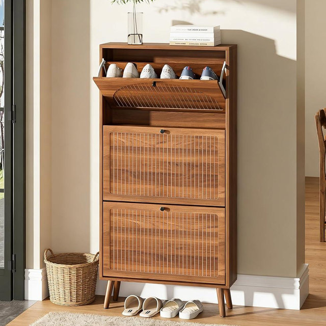Fsbecl Shoe Storage Cabinet for Entryway with 3 Flip Drawers, Narrow Shoe Organizer with Fluted Panel, Freestanding Wood Hidden Shoe Cabinet for Hallway(Walnut, 23.6''W, Single Layer)
