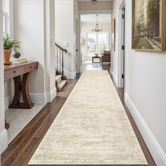 Soalmost Runner Rug 2'6" x 12' Washable Non-Slip Runner Rugs for Kitchen Bathroom Laundry Room Vintage Ultra Thin Runners for Hallway Entryway Beige