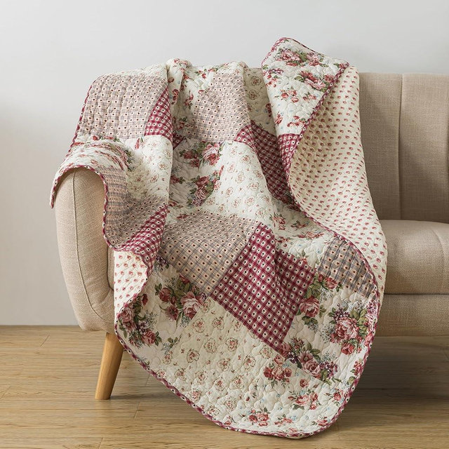 SLPR Cotton Quilted Throw Blanket, 50" x 60" Floral Farmhouse Patchwork Quilt, Shabby Chic Patchwork Throw Lap Quilt for Couch, Country Roses
