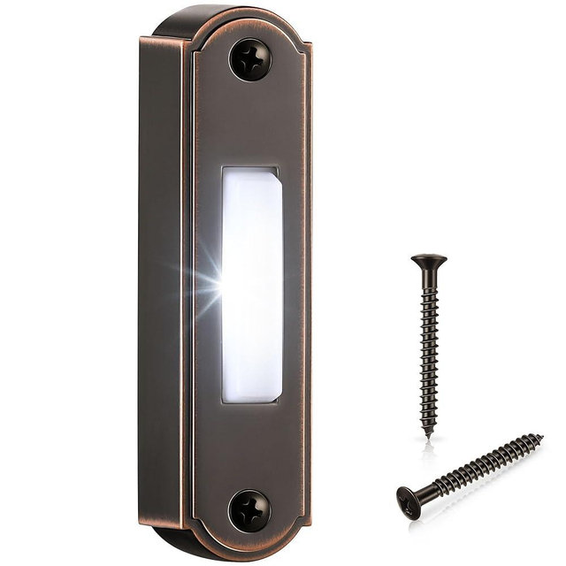 Metal Lighted Doorbell Button, Heavy Duty Metal Wired Door Bell Push Button LED Wall Mounted Doorbell Switch for Universal Garage Door Opener Switch, White Light, Property In Copyright (Bronze)