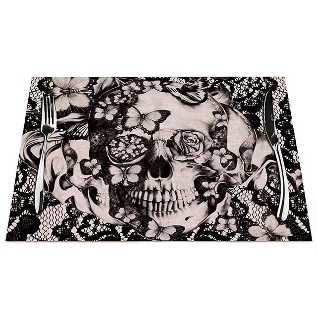 Skull Placemats Set of 4, Victorian Gothic Lace Skull Black White Placemats Heat Resistant for Dining Table Non-Slip 18x12 Inches
