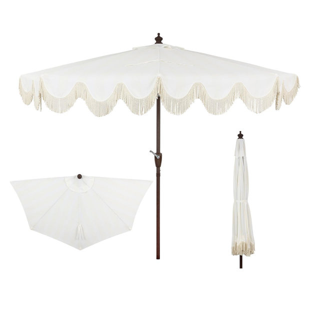 JONATHAN Y Beverly 9 ft. Designer Classic Scalloped Fringe Half Market Patio Umbrella with Crank, Push Button Tilt and UV Protection in Cream/White