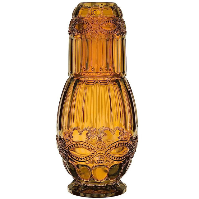 Bedside Water Carafe with Tumbler | 33-Ounce Pitcher and Matching Drinking Glass | Use Cup as a Lid for Carafe | For Guest Room, Nightstand, Office, or Gift | Amber | Elle Decor