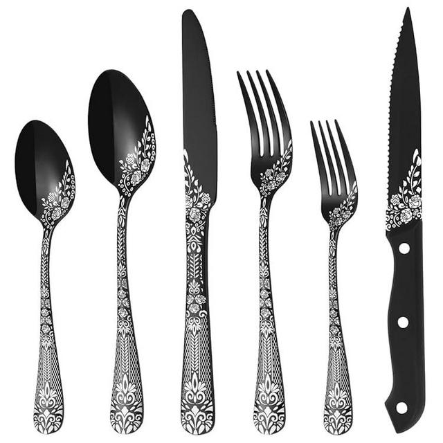 EUIRIO 24 Pieces Black Silverware Set with Steak Knives, Black Flatware Set for 4, Stainless Steel Spoons Forks Knives Set with Unique Floral Laser, Mirror Black Cutlery Utensils Set, Dishwasher Safe