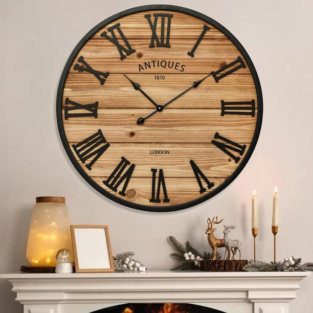 EMAX HOME 30 Inch Farmhouse Wall Clock - Large Rustic Wood, Silent Sweep, Battery Operated for Living Room Kitchen Office, Brown