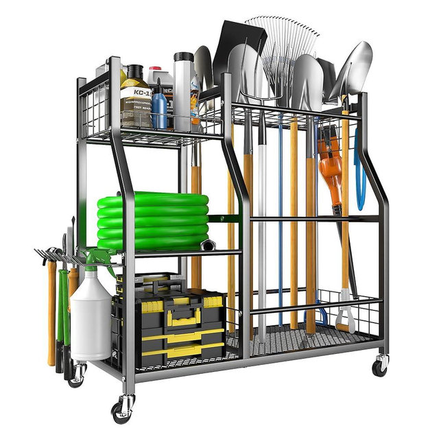 EVERHANGER Garden Tool Organizer Stand, Garage Tool Storage Organization, Yard Tool Racks with lockable wheels, Fit for Long-Handled Tools/Rakes/Brooms