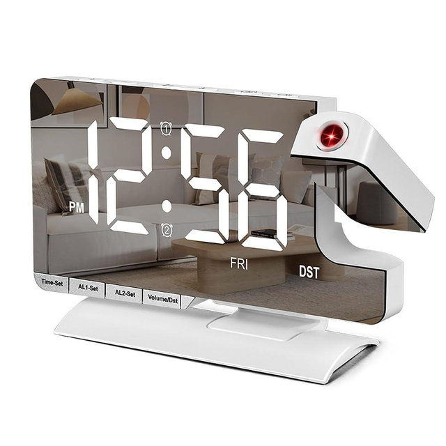 SZELAM Digital Clock,Alarm Clock Bedside with Projection,7.3" Mirror Clock with 180°Rotating Projector,Dual Alarm with 3 Mode,Brightnee Adjust,DST,Snooze,Charging Port,5 Levels Volume for Desk Teens