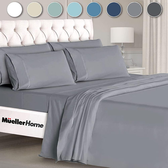 Mueller Ultratemp Bed Sheets Set, Super Soft 1800 Thread Count Egyptian 18-24 Inch Deep Pocket Sheets, Transfers Heat, Breathes Better, Hypoallergenic, Wrinkle, 6Pc, Light Grey, Full Size