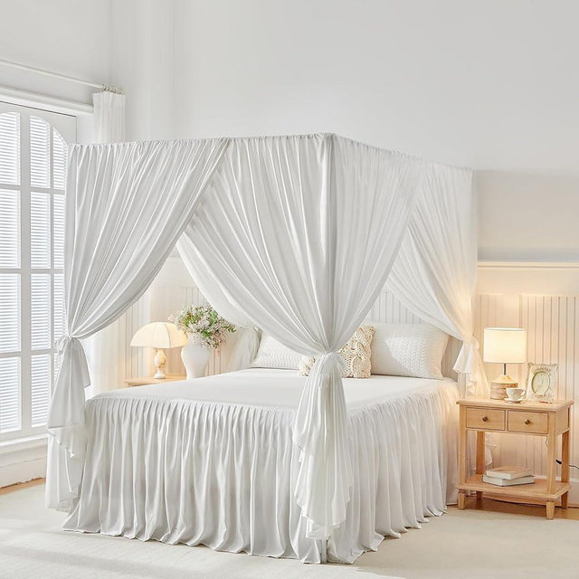 Canopy Bed Curtains - 4 Corners Post Ruffle Princess Bed Canopy Elegant Cozy Drape Netting 4 Opening Mosquito Net for Bedroom Chic Beautiful Privacy Decoration - Easy Installation Queen White