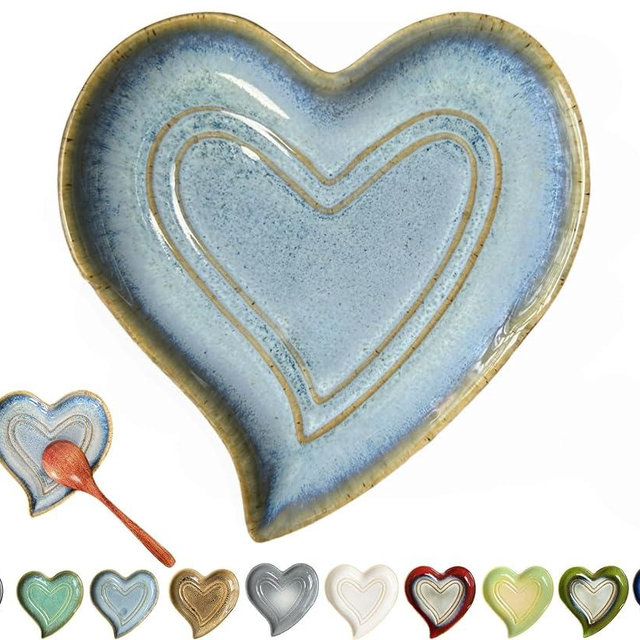 Ceramic Spoon Rest for Stove Top, Heart Cute Spoon Rest for Kitchen Counter, Cooking Spoon Holder for Kitchen Counter, Utensil Rest Spatula Rest Ladle Holder Tong Rest (Retro Sea Blue)