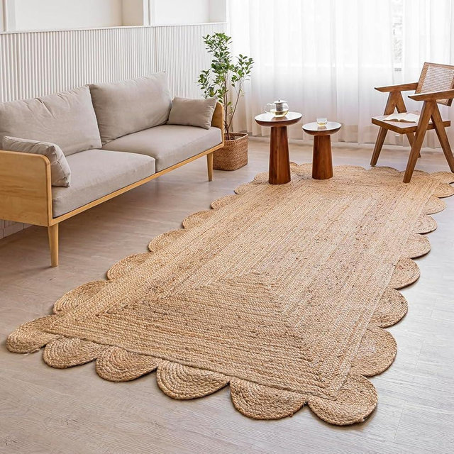 HOMEMONDE Natural Handwoven 6x9 ft Jute Area Rug - Scalloped Braided Rustic Farmhouse Indoor Rugs for Boho Home Decor, Living Room, Bedroom, Dining Room