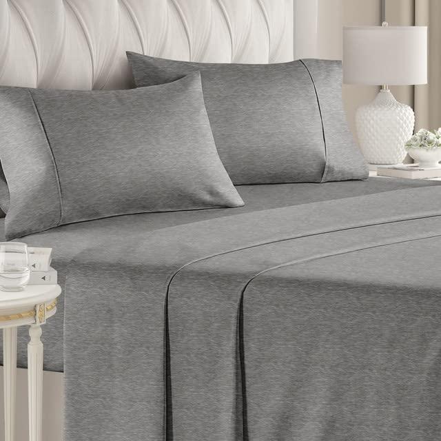 Queen Size Sheet Set - 4 Piece Set - Softer Than Jersey Cotton - Same Look as Jersey Knit Sheets & T-Shirt Sheets - Deep Pockets - Breathable & Cooling Sheets - Wrinkle Free - Heathered Grey – 4PC