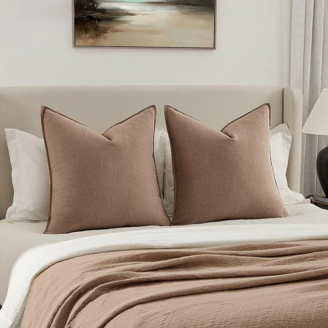 MIULEE Decorative Euro Sham Pillow Covers 26x26, 2 Pack Large Boho Farmhouse Neutral Throw Pillows for Bed, Thick Textured Modern Linen Cushion Cases Couch Sofa Living Room Home Decor, Coco Brown