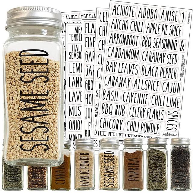 Talented Kitchen 145 Black All Caps Spice Label Set: 145 Spice Names + Numbers. Black Letters on Clear Sticker. Water Resistant for Spice Jars Organization Storage Spice Rack, Thin All Caps Rae Dunn