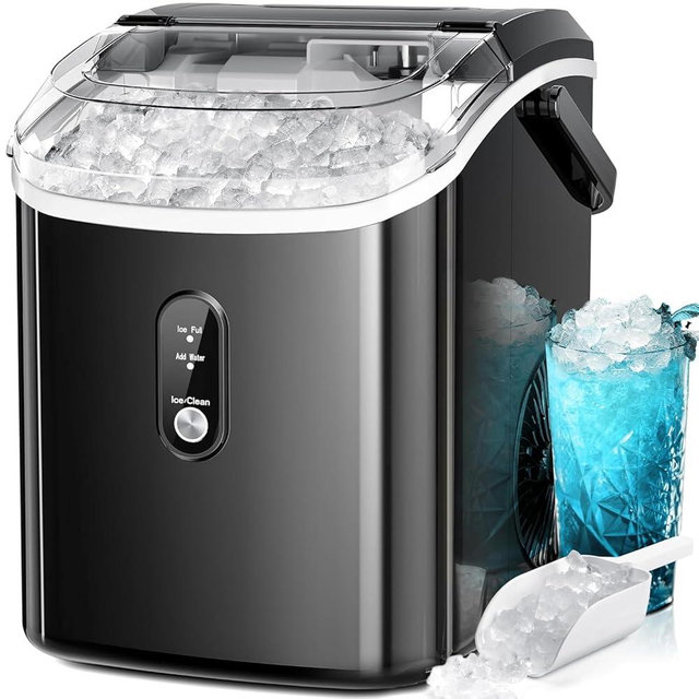 Kismile Nugget Ice Makers Countertop,35Lbs/24H,Portable Ice Machine with Crushed Ice,Self-Cleaning Function,One-Click Operation for Home/Office(Black)