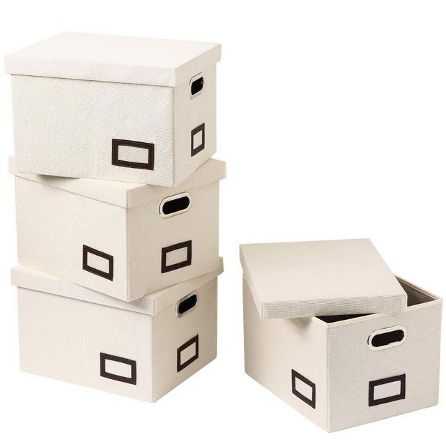 SUPERJARE Collapsible File Box | Pack of 4 | Storage Office Box Organizer with Durable MDF Board | Linen Fabric & Removable Lid for Letter/Legal | Cream