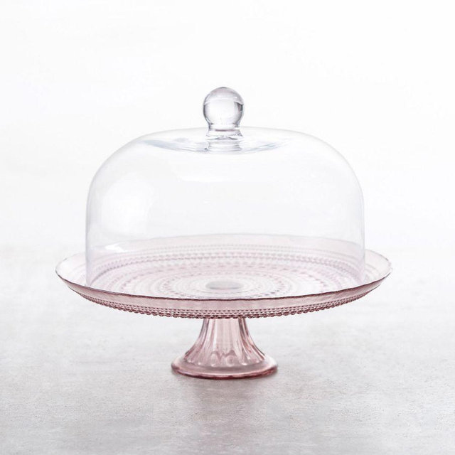 Jupiter Beaded Glass Tall Cake Stand With Dome, Tall - Pink