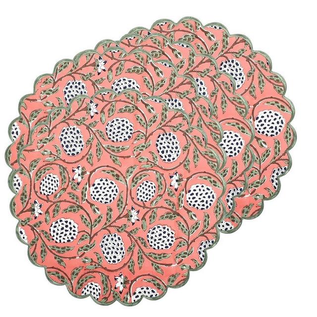Ridhi Dark Salmon Bo-ho Round Place Mat Double Layer Floral Cotton Washable Placemats 15" Round Embroidery Block Print Table Mat (Pack of 4-15 Inch Round)