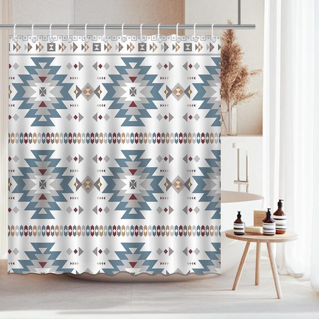 Mocsicka Western Aztec Shower Curtain Boho Abstract Pattern Geometric Vintage Bathroom Shower Curtain Western Waterproof Fabric Shower Curtain Bathtub Decor with 12 Hooks 72 X 72 Inch (Blue)