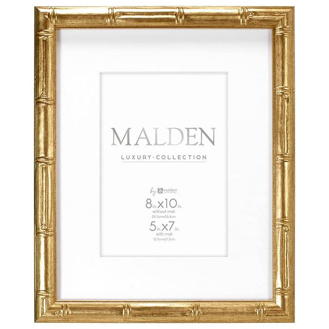 Malden International Designs 5x7 Matted Gold Bamboo PS Moulding Picture Frame Antique Gold Finish White Matboard