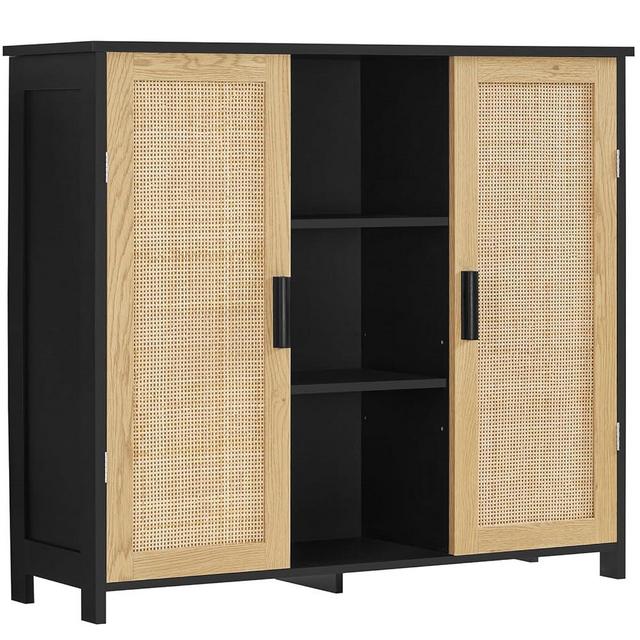 Iwell Storage Cabinet, Rattan Cabinet with 4 Adjustable Shelves, Bathroom Floor Cabinet, Sideboard Buffet Cabinet, Accent Cabinet for Living Room, Entryway, Black+Natural