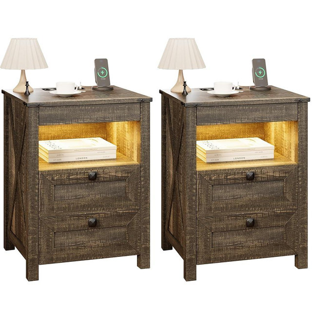 FREDEES LED Nightstand Set 2 with Gun Drawer, Farmhouse Bedside Table with Invisible Lock, Rustic End Side Table with 3 Color LED Light, Sensor Design, Brown