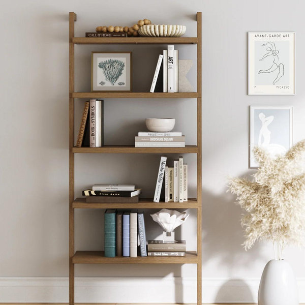 Wood 5-Shelf Ladder Wall Bookshelf Light Brown