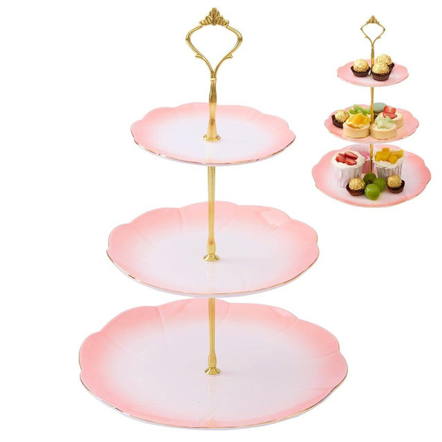 DUJUST Luxury Porcelain 3-Tier Cupcake Stand Tower, British Style Serving Tray with Golden Trim, Food Grade Dessert Display Stand, Beautiful Gift for Tea Party & Home Décor - Gradient Pink