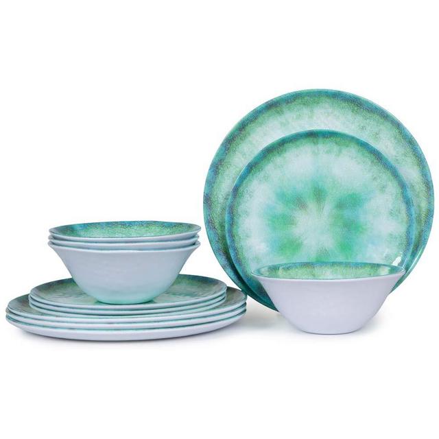 Melamine Dinnerware Set - 12pcs Plates and Bowls Set, Indoor and Outdoor Dishes for 4, Dishwasher Safe , Lightweight, Turquoise