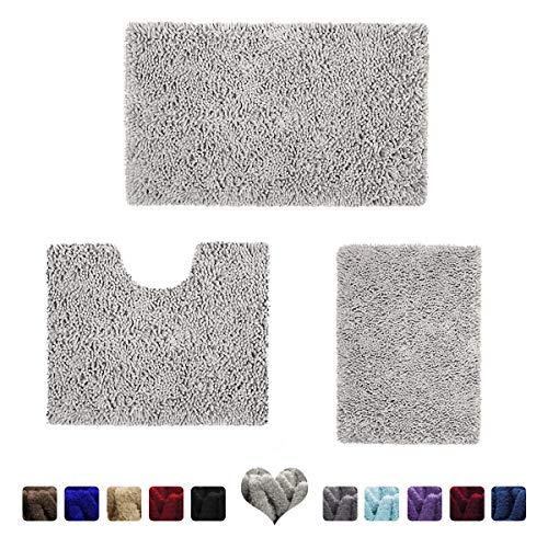 HOMEIDEAS 3 Pieces Bathroom Rugs Set Light Gray, Luxury Soft Chenille Bath Mats Set, Absorbent Shaggy Bath Rugs & Slip Resistant Plush Carpets Mats for Tub, Shower, Bathroom