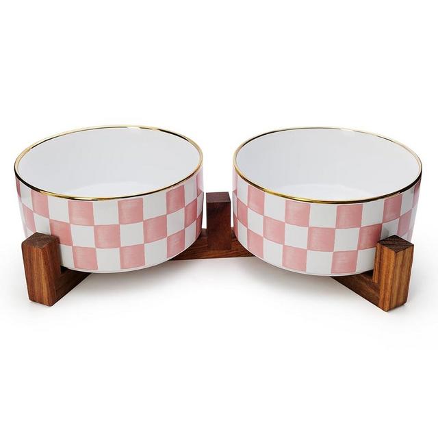 Podinor Ceramic Dog Bowls for Medium Dogs, 3.5 Cup Checkered Dog Food and Water Bowl with Acacia Wood Stand, Non-Slip Anti-Tip Elevated Feeding Station, Pink and White