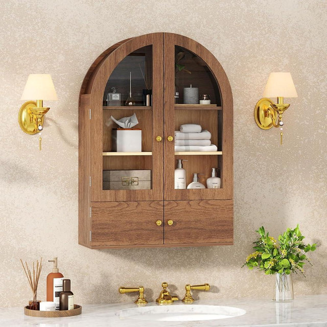 EAG Arched Wall Cabinet, Bathroom Medicine Cabinet with Glass Doors & Adjustable Shelves, Floating Storage Cabinet for Wall Over The Toilet Storage Cabinet Space Saver, Brown