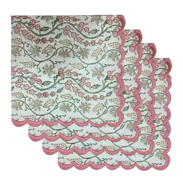 Ridhi Coral Pink Hand Block Print Napkins 18" x 18" Set of 4 Reusable Cotton Dinner Napkins for Weddings, Parties & Everyday Dining, Thanksgiving, Christmas, Fall