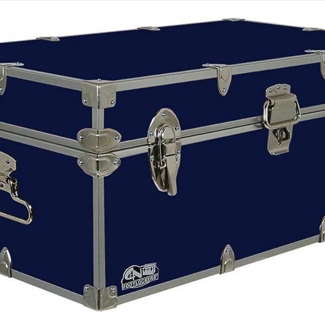 C&N Footlockers Happy Camper Storage Trunk - Summer Camp Chest - Durable with Lid Stay - 32 x 18 x 13.5 Inches (Navy)