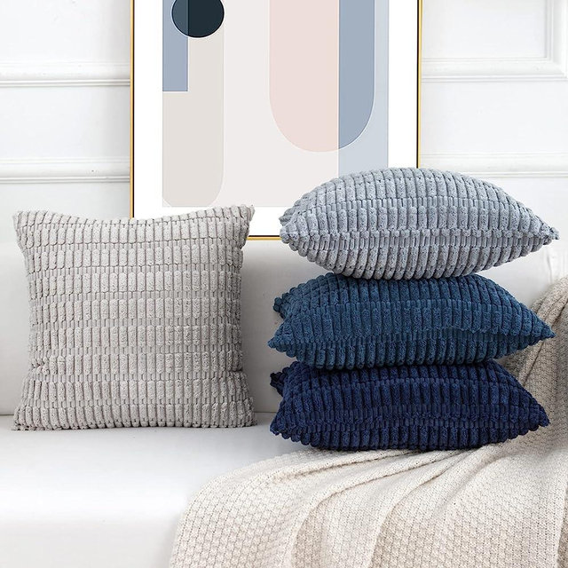 Softalker Corduroy Throw Pillow Covers 18 x 18, Set of 4, Soft Striped Farmhouse Boho Pillow Cover, Decorative Cushion Pillow Case for Couch Sofa Bedroom Living Room (No Inserts), Multi Gradient Blue