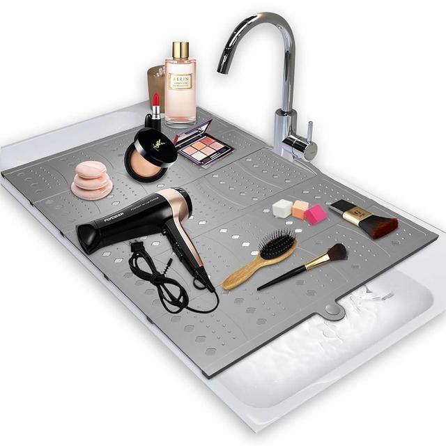 BRIAN & DANY Makeup Mat, Bathroom Sink Cover for Counter Space, Foldable Sink Topper Silicone Sink Mat Sink Organizer Countertop, RV Accessories, Space Saver, Gray, 19.3" x 15.5"