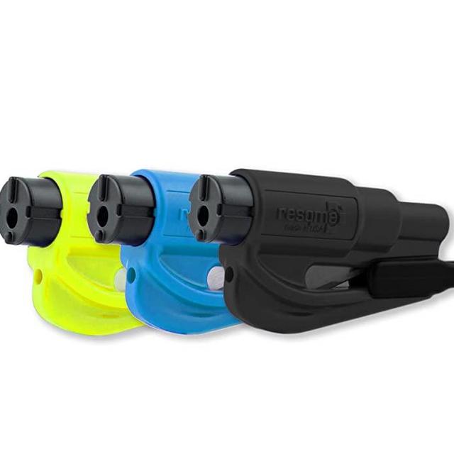 Resqme Family Pack of 3, The Original Emergency Keychain Car Escape Tool, 2-in-1 Seatbelt Cutter and Window Breaker, Made in USA, Black, Blue, Safety Yellow