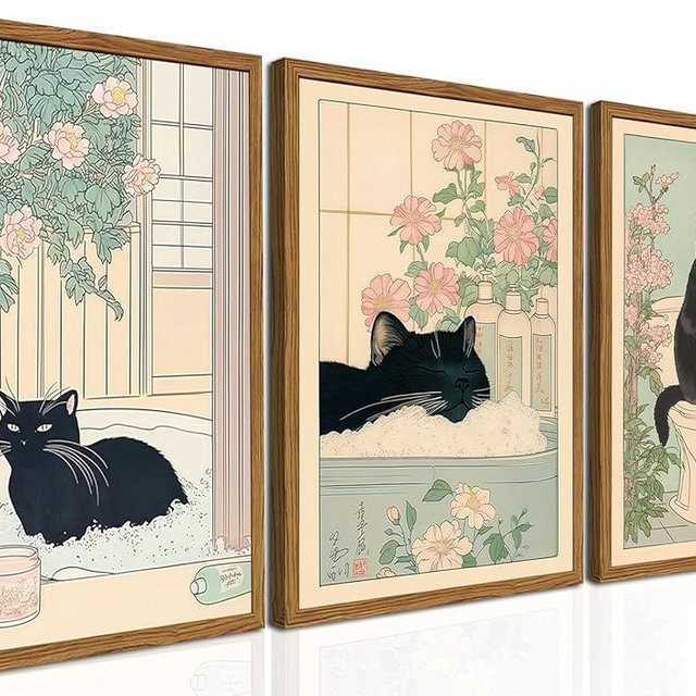 Framed Japanese Bathroom Wall Art Set of 3, Funny Black Cat in Bathtub and Toilet Pictures Wall Decor Paintings, Vintage Cute Animal Canvas Prints Home Decor for Restroom Spa Room 12x16 inch