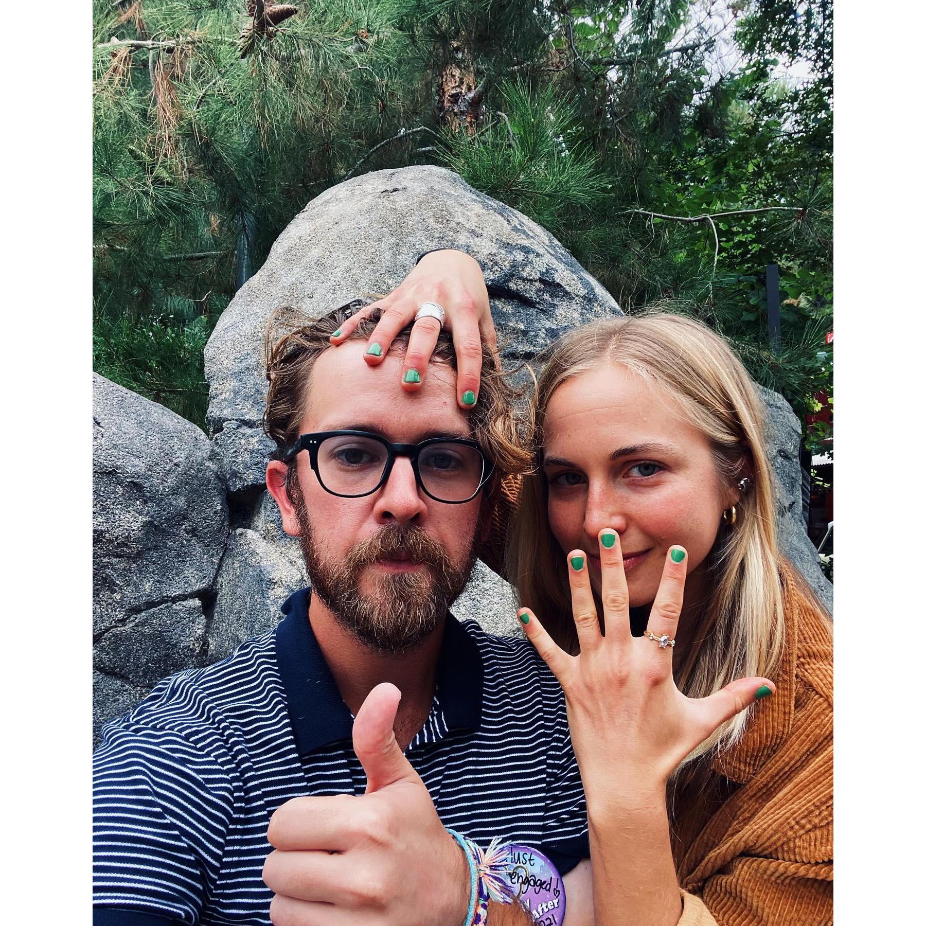 Kev proposed at dinner LA. Danie wasn't expecting it at all! The next day, they went to Disneyland! Danie was very surprised and pleased with Kevin's ring selection. Even though it was the wrong size!