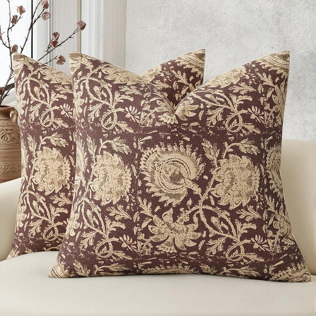 DKwizme Vintage Floral Print Throw Pillow Covers 18x18 Set of 2 Neutral Modern Farmhouse Pillowcases Accent Decorative Cushion Covers Boho Home Decor for Couch Sofa Chair Bed Living Room, Oxblood
