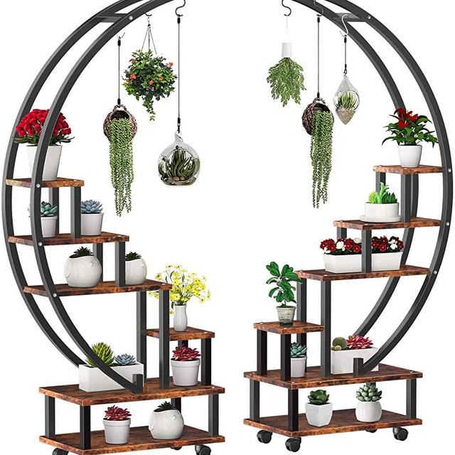 2 Pcs 6 Tier Tall Metal Indoor Plant Stand with Detachable Wheels, Half-Moon-Shaped Plant Shelf Holder for Outdoor Clearance, Multi-Purpose Plant Stands for Home Decor, Balcony, Patio, Garden