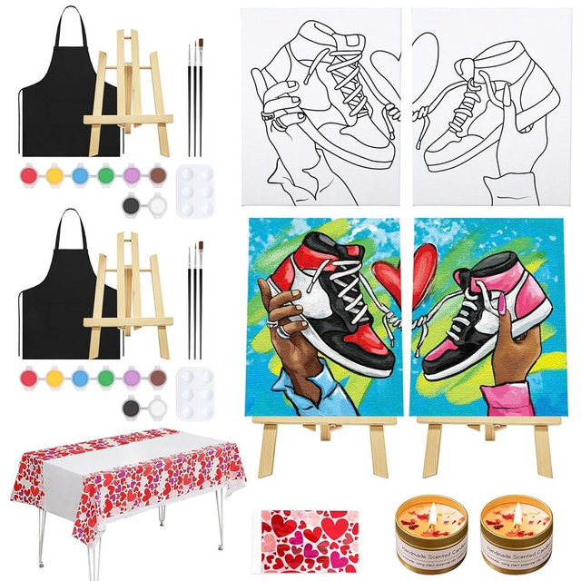 VOCHIC 2 Pack Sip and Paint Kit for Adults Pre Drawn Canvas Painting Art Set with Outline Canvas Couples Date Night Valentine's Day (Sneakers, 8 x 10 Inches)