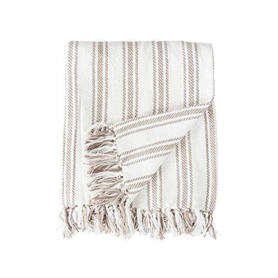 C&F Home Ticking Stripe Throw Clay 50 x 60 Throw Clay Natural Tan