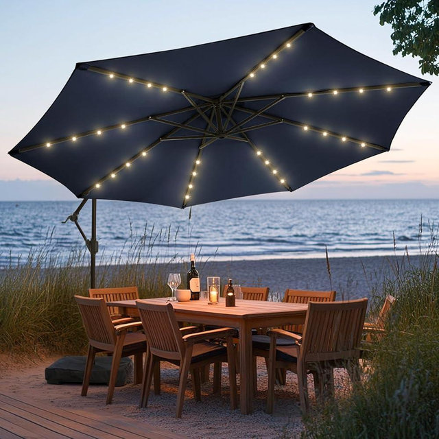 wikiwiki 10FT Solar Patio Offset Umbrella Outdoor Cantilever Umbrella Hanging Umbrellas with Weighted Base, Market Patio Umbrella for Backyard, Garden & Deck, Navy Blue