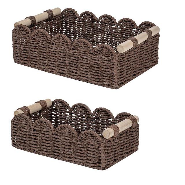 CubesLand Paper Rope Scalloped Edge Shelves Baskets Set 2, Idea for Over Toilet Storage Shelf, End Table, Nightstand, Toilet Tank Basket with 2 Wood Handle, Stylist&Useful Both Storage&Decor, Brown